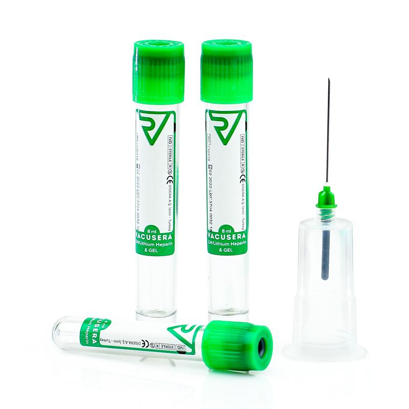 Вакуумная пробирка VACUSERA, 3,4 мл, с гелем и литий гепарином, 13x75мм, с зеленой крышкой, без поршня IVD,№100